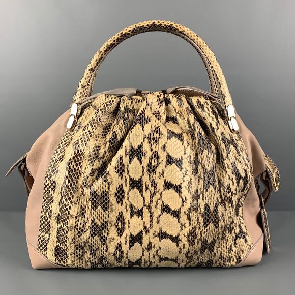 NINA RICCI Beige Brown Mixed Leathers Calfskin Satchel Handbag - Picture 1 of 8